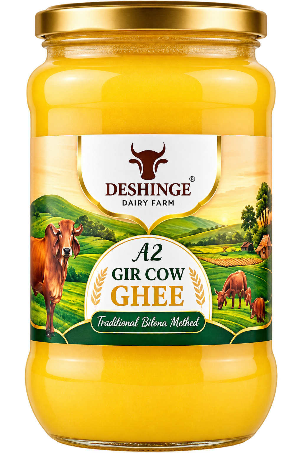 Deshinge Dairy Farm A2 Desi Cow Ghee jar — front view